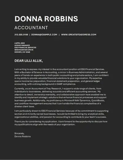 ATS finance cover letter black modern-bold