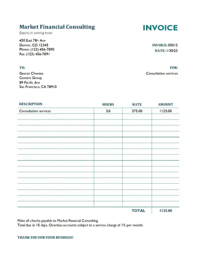 Services invoice with hours and rate modern simple