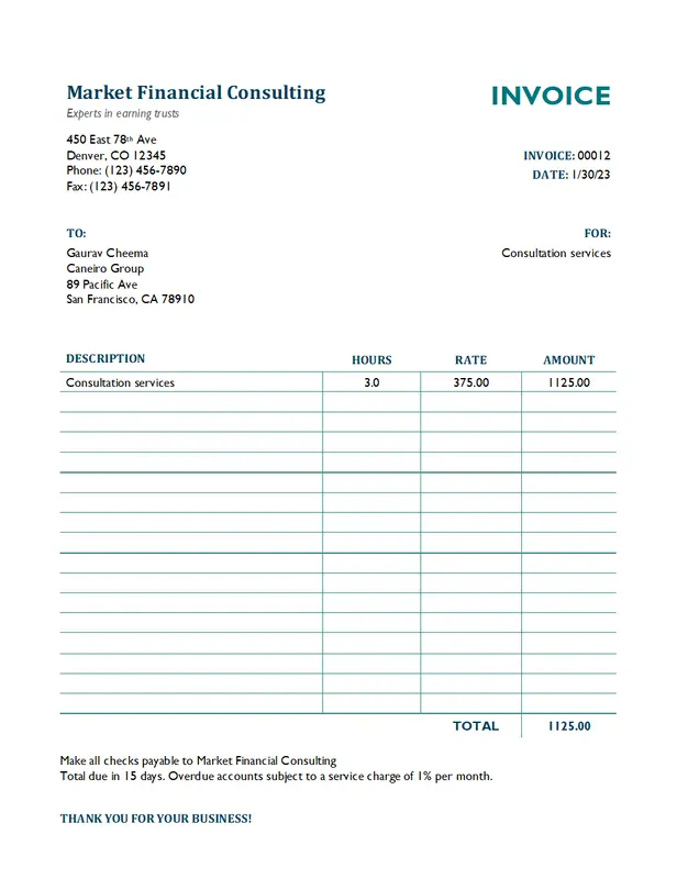 Services invoice with hours and rate modern simple