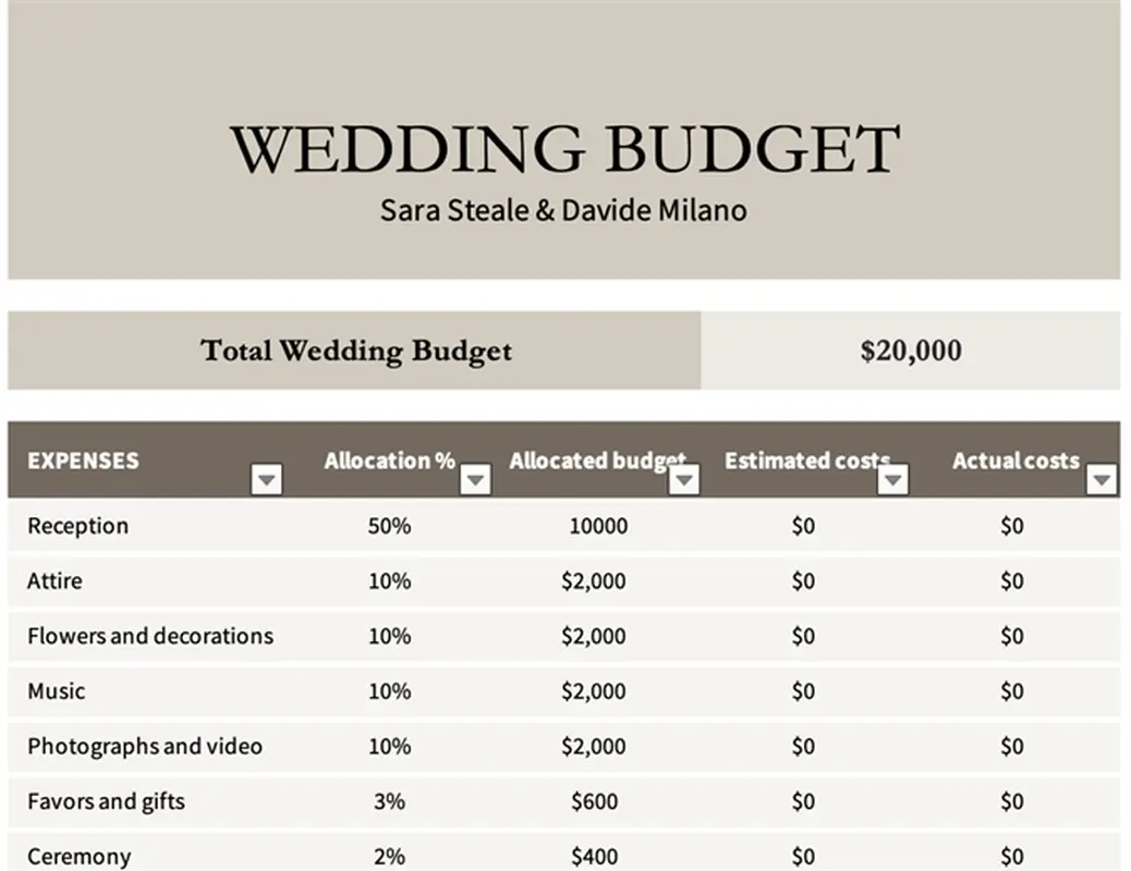Wedding budget expenses comparison modern simple