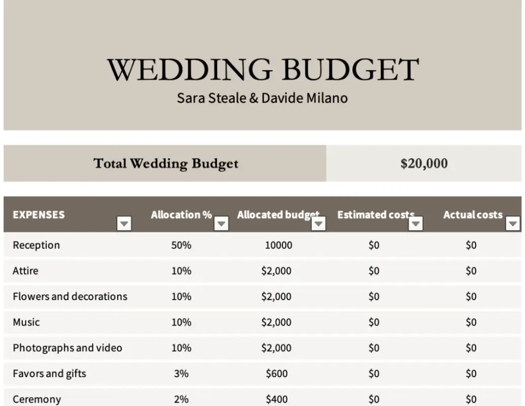 Wedding budget expenses comparison brown modern simple
