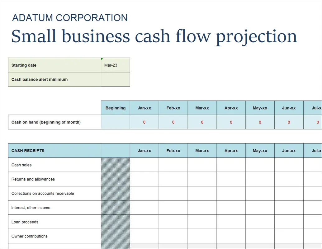 Small business cash flow projection blue modern simple