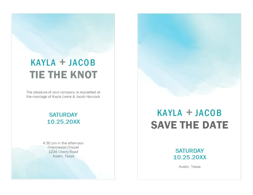 Watercolor wash wedding invitation blue organic-simple