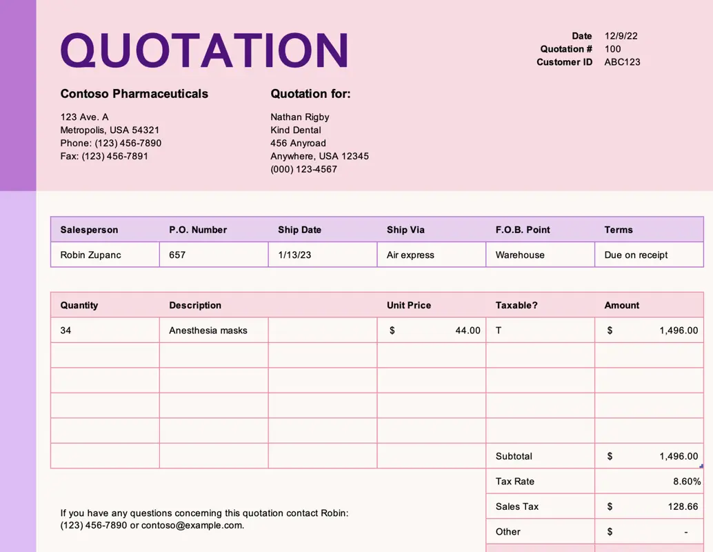 Price quotation with tax calculation pink modern simple