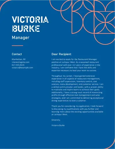 Creative food service cover letter blue modern geometric
