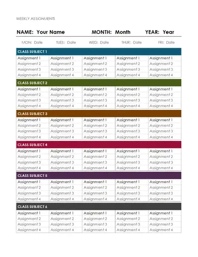 Weekly assignment calendar modern-simple
