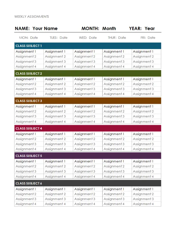 Weekly assignment calendar modern-simple