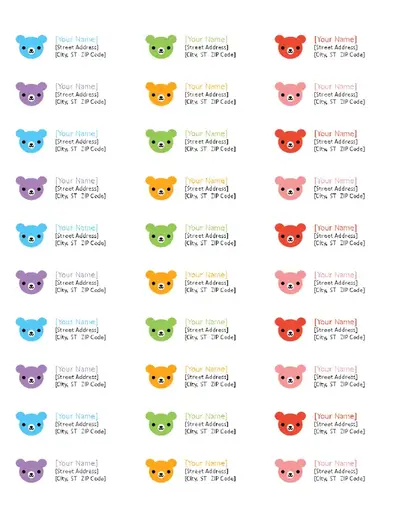 Return address labels (Rainbow Bears design, 30 per page, works with Avery 5160) whimsical color block