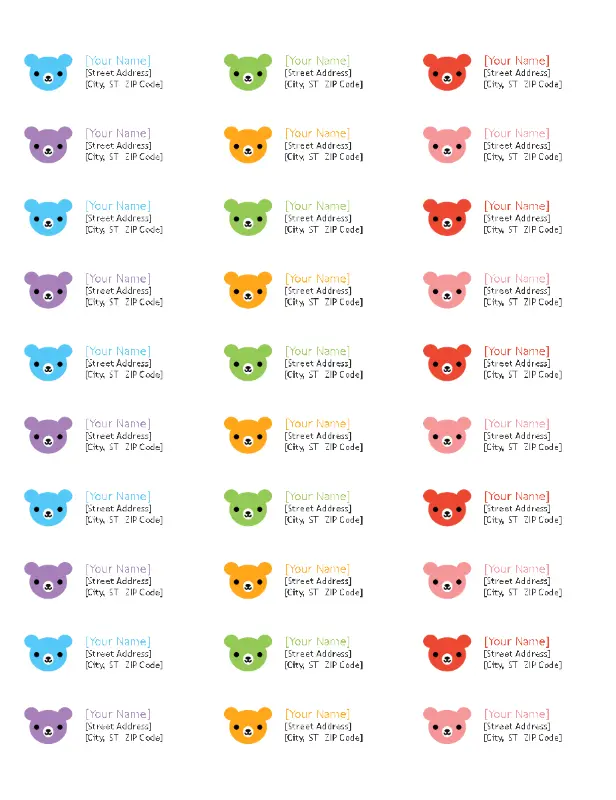 Return address labels (Rainbow Bears design, 30 per page, works with Avery 5160) whimsical color block