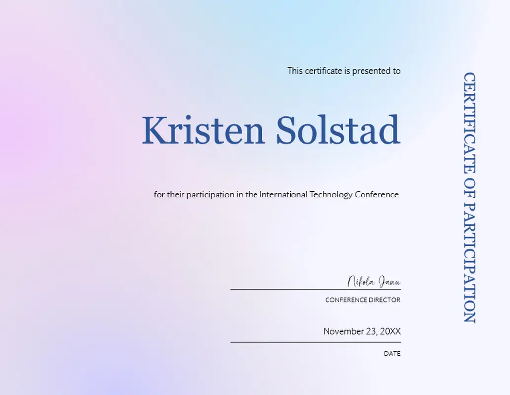 Conference participation certificate blue modern simple