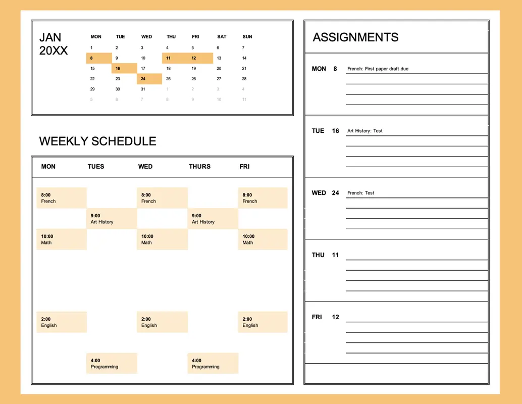 Student calendar (Mon) blue modern-simple