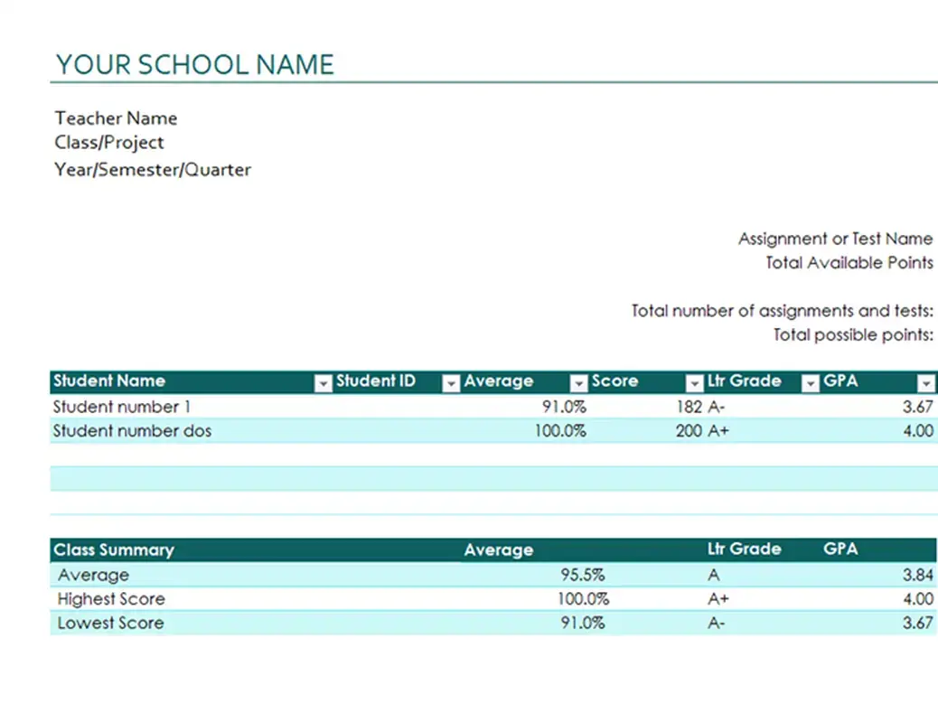 Teacher's grade book (based on points) green modern simple