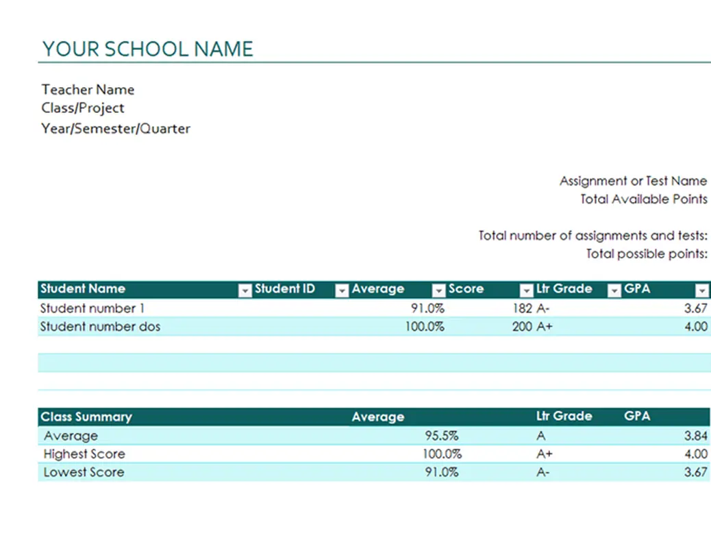 Teacher's grade book (based on points) green modern simple