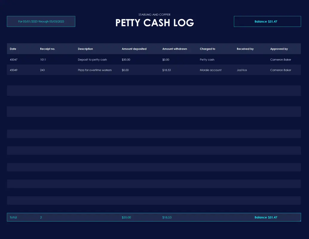 Petty cash log yellow modern color block