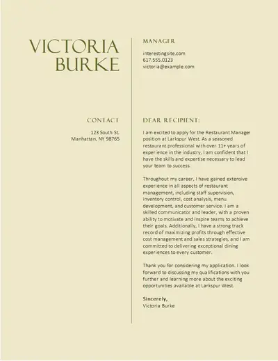 Classic food service cover letter vintage