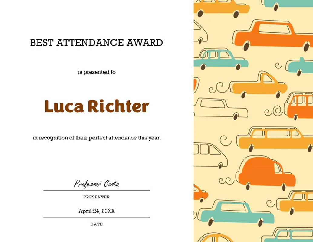 Best attendance award certificate yellow modern-color-block