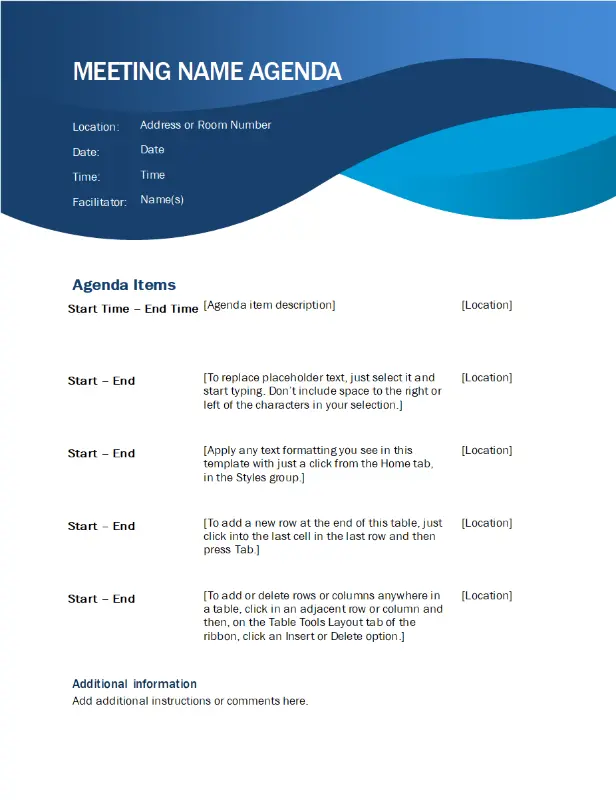 Blue curve meeting agenda blue modern simple