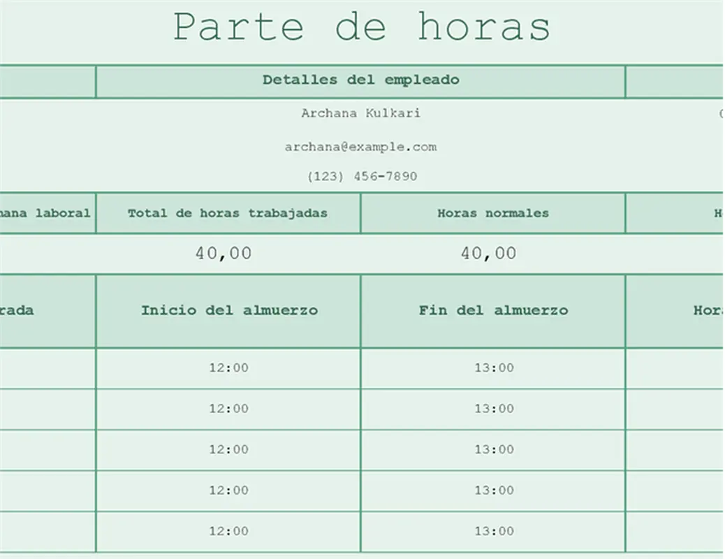 Parte de horas (hoja de cálculo) modern simple