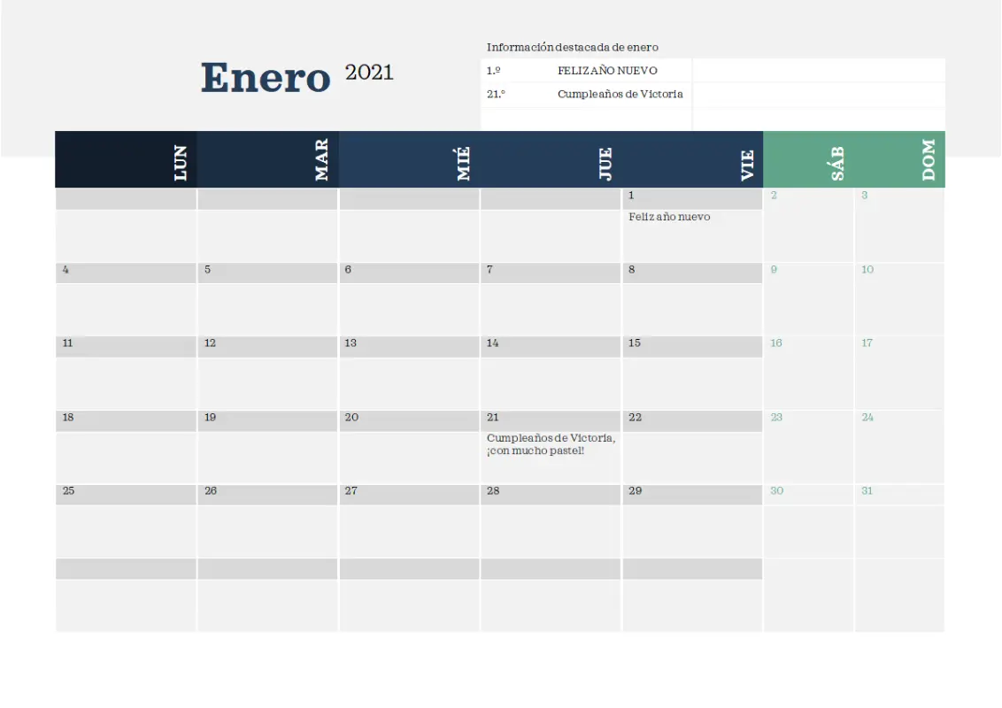 Calendario moderno con información resaltada blue modern-simple