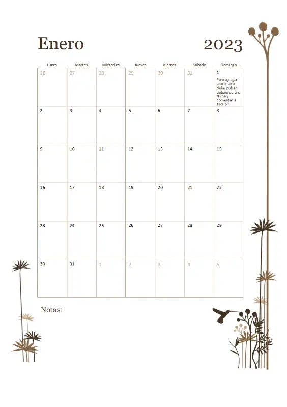 Calendario de 12 meses de colibrí (de lunes a domingo) brown modern-simple