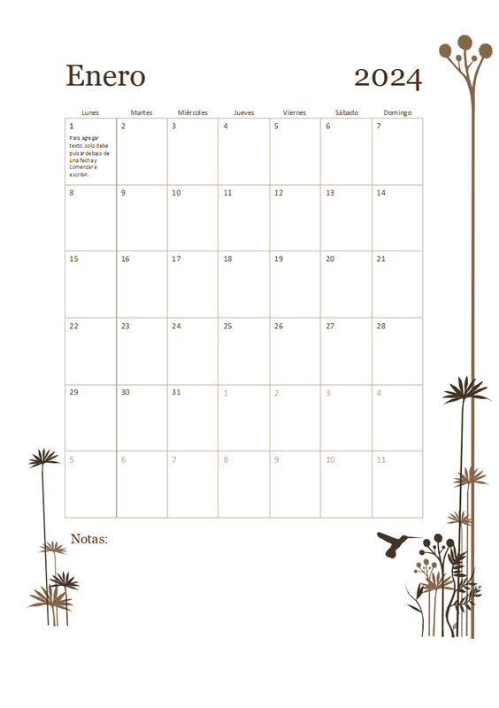 Calendario de 12 meses de colibrí (de lunes a domingo) brown modern-simple