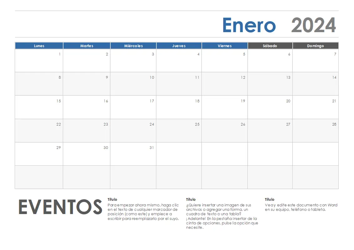 Calendario horizontal (inicio en lunes) modern-simple