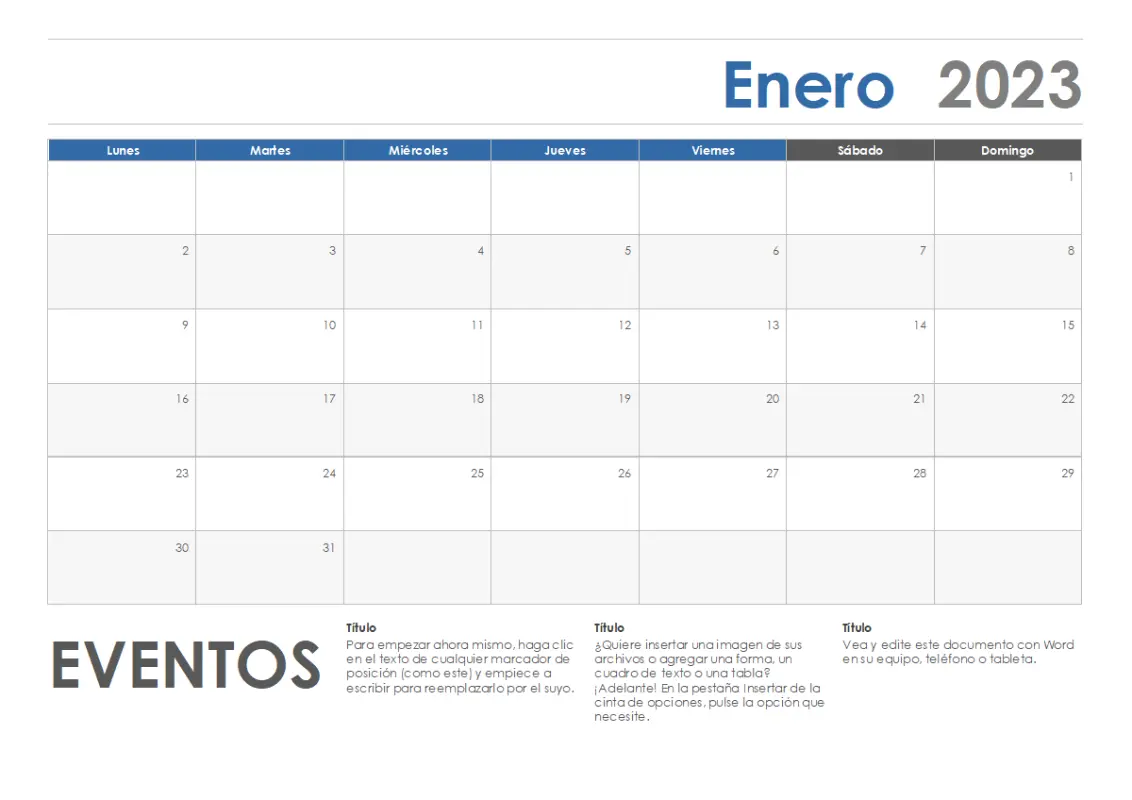Calendario horizontal (inicio en lunes) blue modern-simple