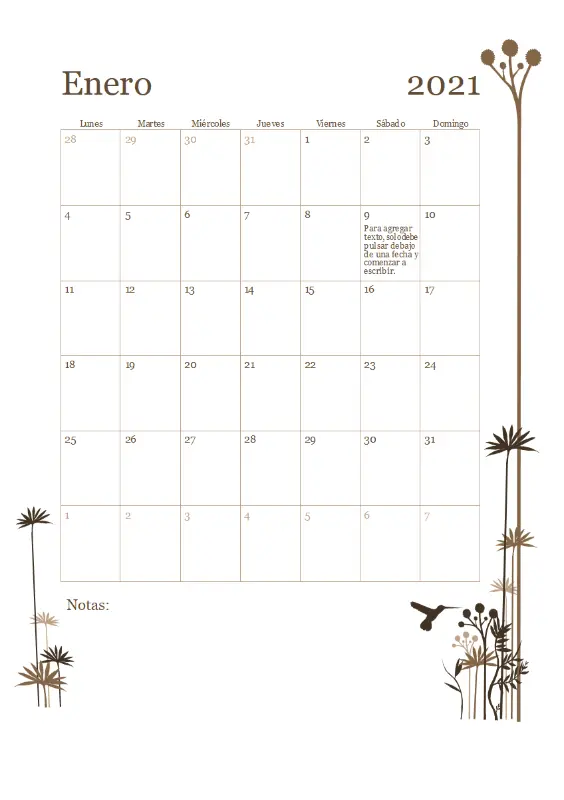 Calendario de 12 meses de colibrí (de lunes a domingo) brown modern-simple