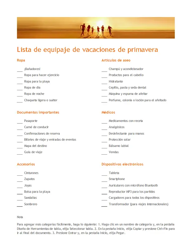 Lista de equipaje de vacaciones