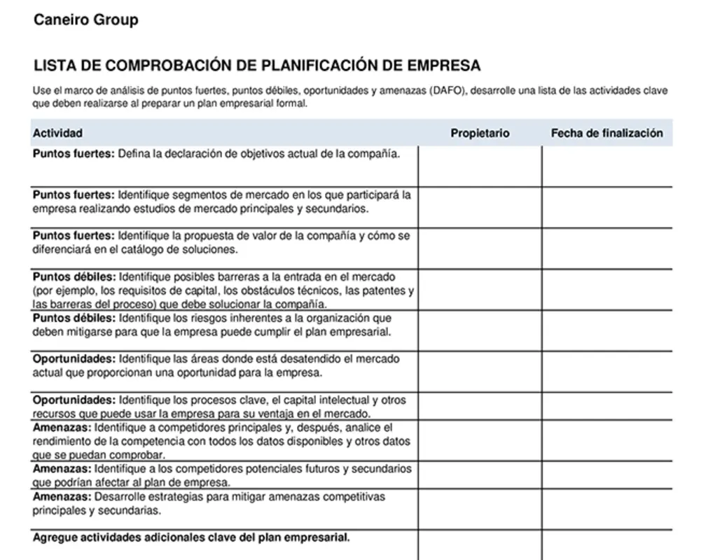 Lista de comprobación del plan empresarial modern simple