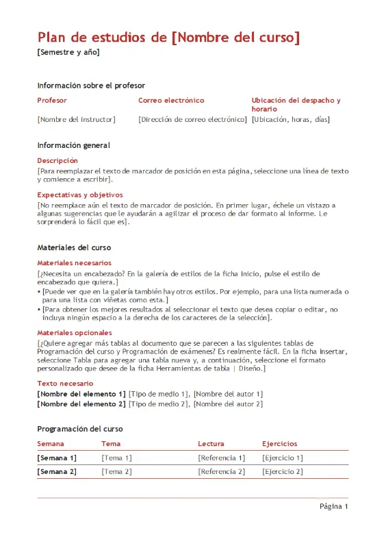 Programa del curso del profesor (a color) red modern simple