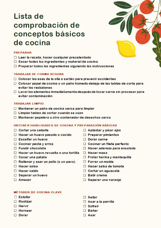 Lista de comprobación de conceptos básicos de cocina green modern simple