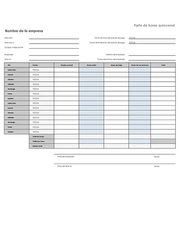 Parte de horas quincenal con bajas por enfermedad y vacaciones modern simple