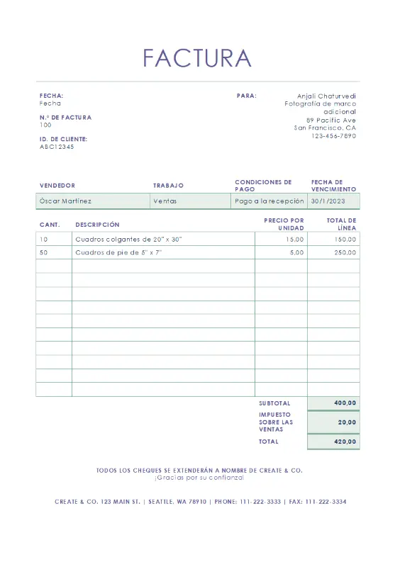 Factura de servicio (documento de diseño de líneas sencillas) green modern simple