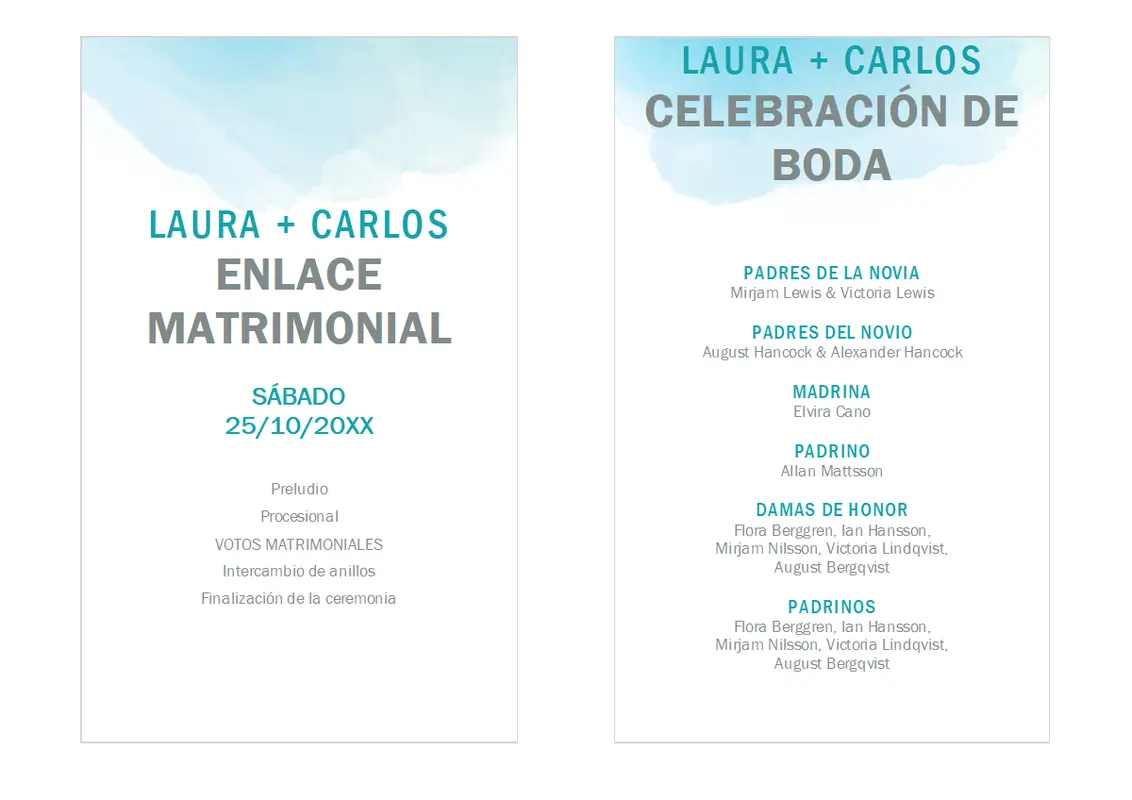 Programa de bodas en acuarela organic simple