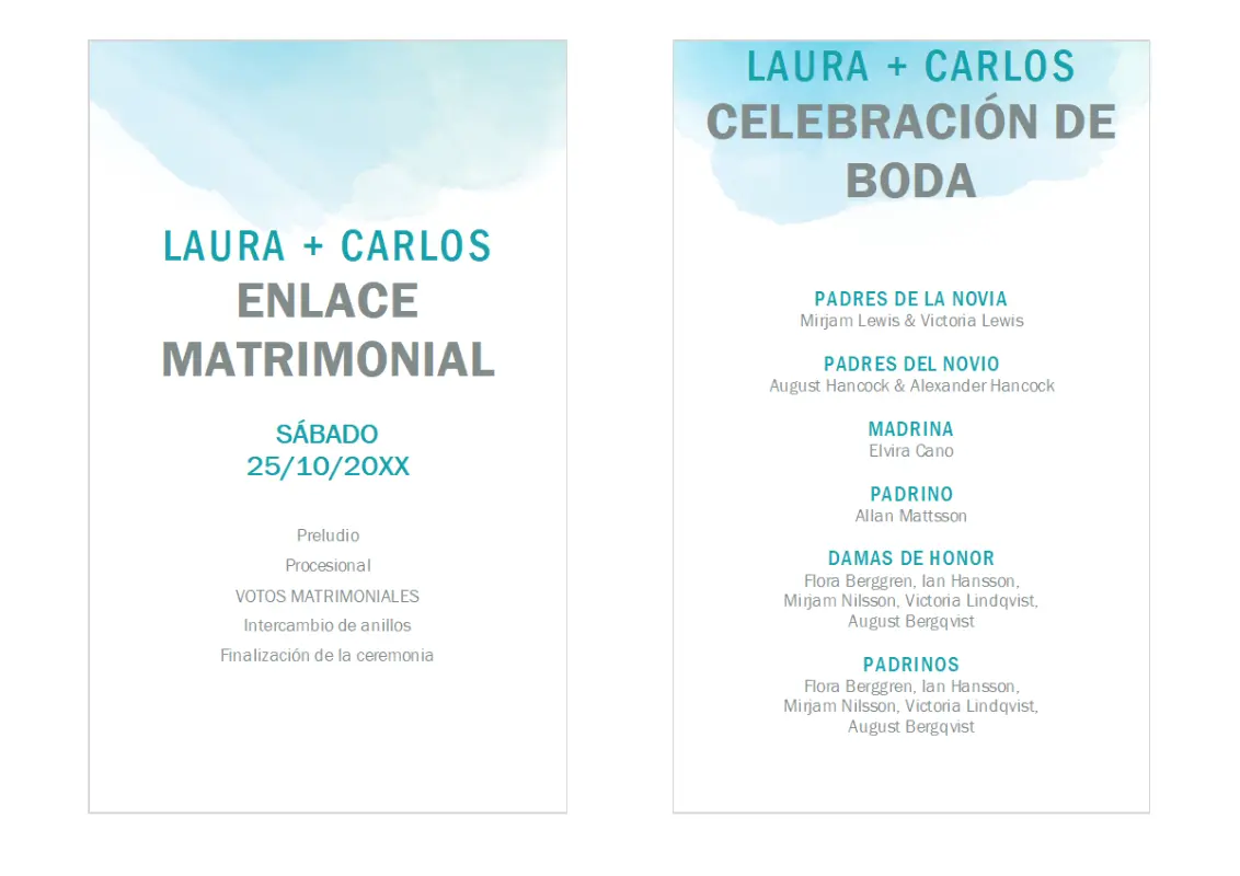 Programa de bodas en acuarela blue organic simple