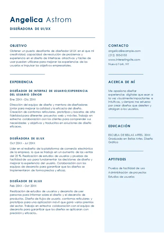 Currículum vítae sencillo de diseñador de interfaces de usuario y experiencias de usuario