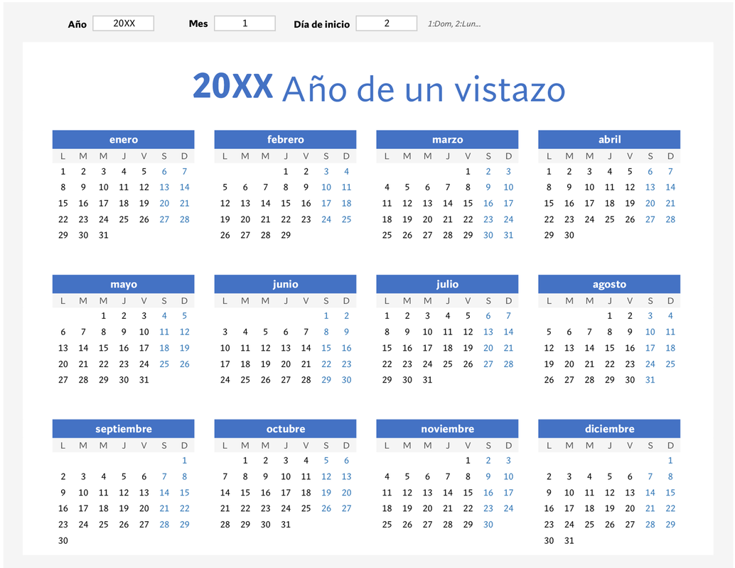 Calendario para cualquier año de un vistazo (horizontal) blue modern-simple