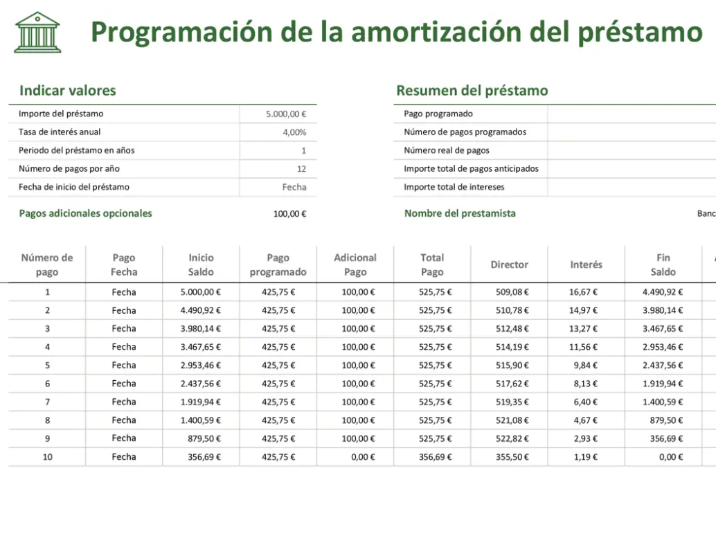 Programa de la amortización de préstamos green modern-simple