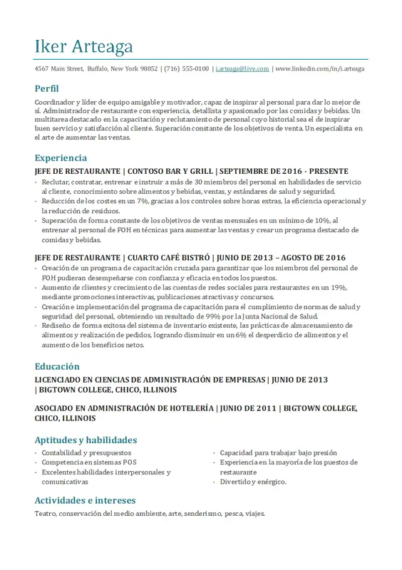Currículum vítae de gerente de restaurante modern-simple