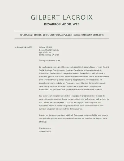 Carta de presentación de desarrollador web moderna
