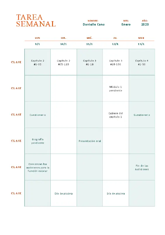 Seguimiento básico de tareas semanales orange modern simple