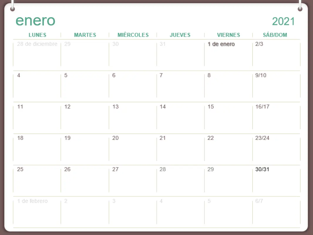 Calendario de pared clásico (de lunes a domingo, diseño con dos anillas) green modern-simple