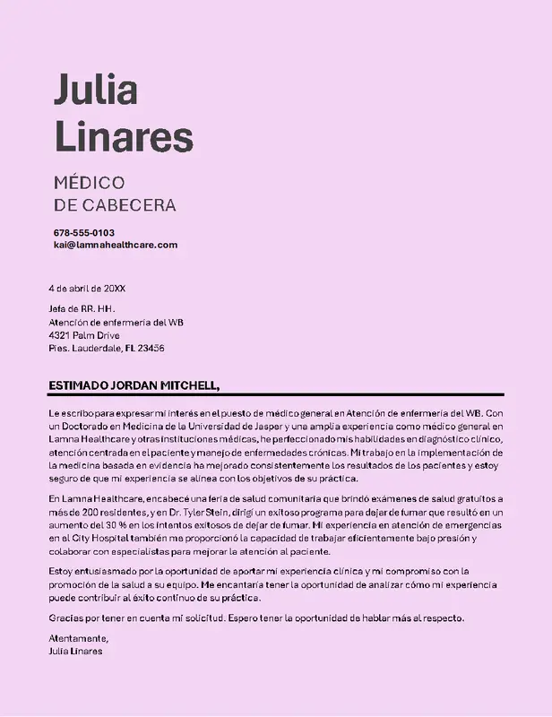 Carta de presentación de atención sanitaria sencilla