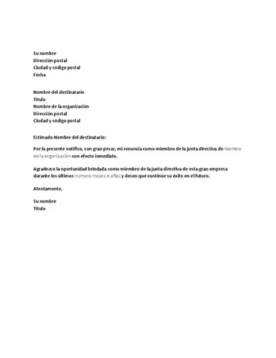 Carta de renuncia de la junta directiva