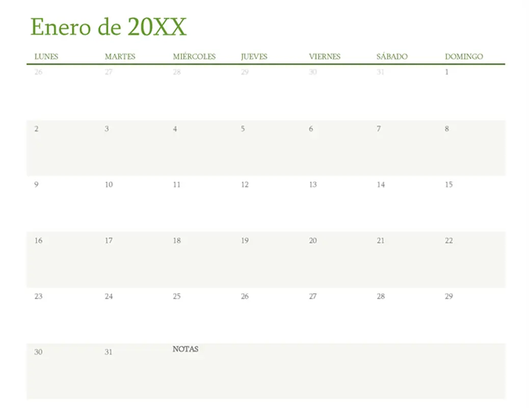 Calendario de cualquier año (1 mes por pestaña) modern-simple