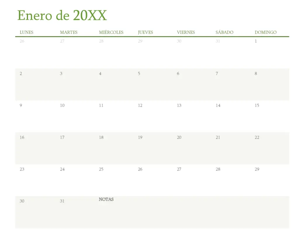 Calendario de cualquier año (1 mes por pestaña) green modern-simple