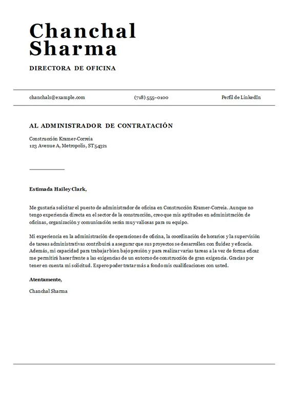 Carta de presentación para el puesto de gerente de oficina en un ATS modern simple