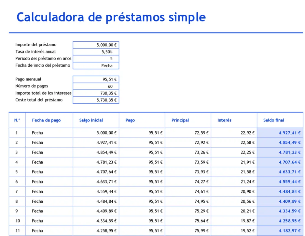 Calculadora de préstamos simple y tabla de amortización blue modern simple