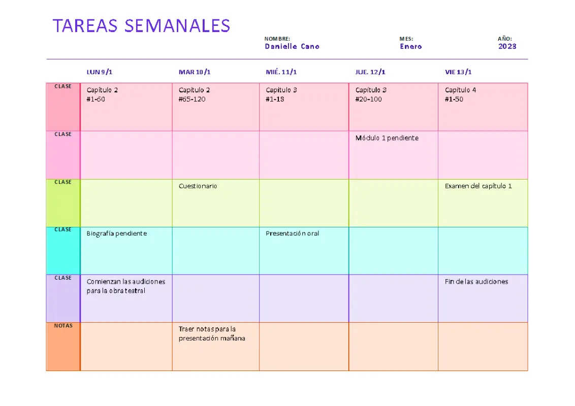 Hoja de tareas semanales (a color, horizontal) blue modern simple